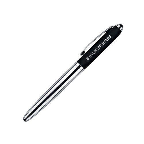 Penna roller nera in plastica con elementi in metallo e superficie morbida.
