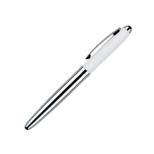 Penna roller bianca con elementi in metallo e superficie morbida.
