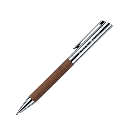 Penne a sfera in legno con meccanismo a rotazione e clip in metallo.