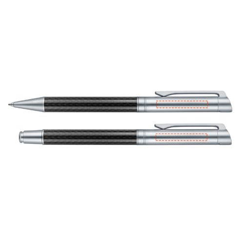 Set di penne in carbonio nero con penna a sfera, stilografica e custodia.