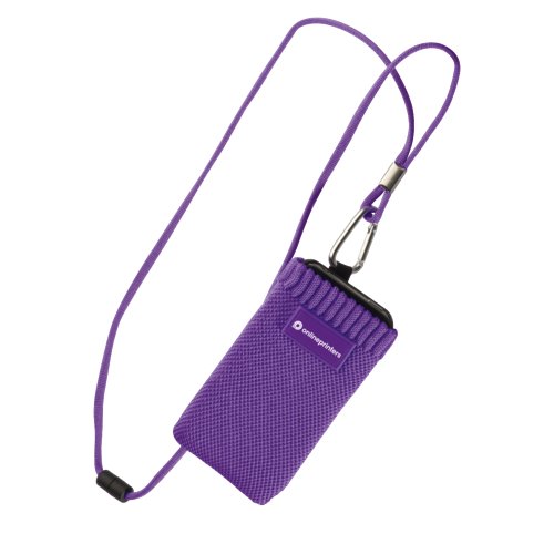 Calza per cellulare viola con cordino e moschettone.