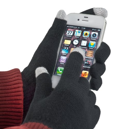 Guanti neri in tessuto con due punte delle dita compatibili con touchscreen.