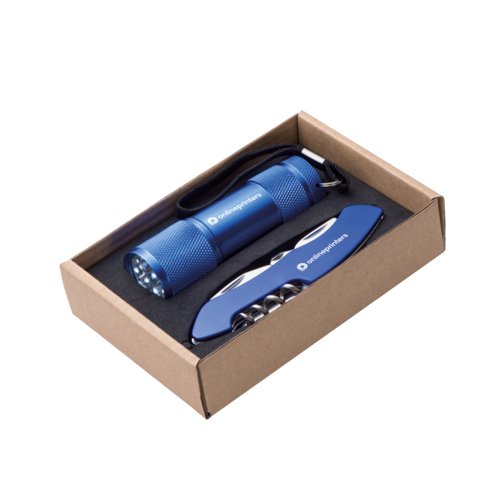 Set blu composto da torcia con cinturino da polso e coltello multiuso con vari utensili.