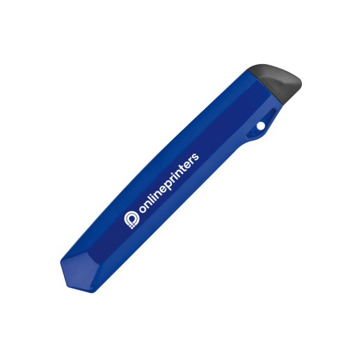 Taglierino per cartone blu con protezione lama e motivo.