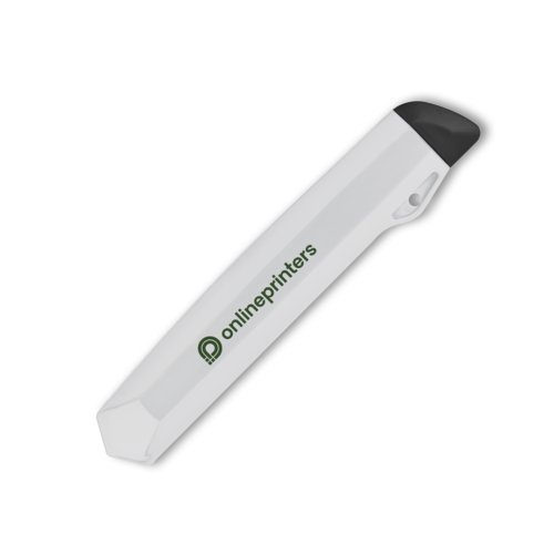 Cutter per cartone bianco con lama e manico in plastica.