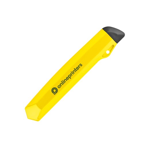 Taglierino per cartone giallo con lama e cursore.