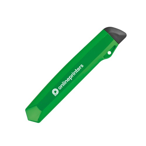 Taglierino per cartone in plastica verde con protezione lama.