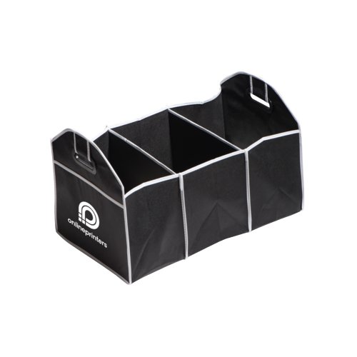 Organizzatore per bagagliaio nero in feltro con scomparti e maniglie.