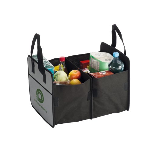 Organizzatore per bagagliaio in tessuto grigio con scomparti e maniglie.