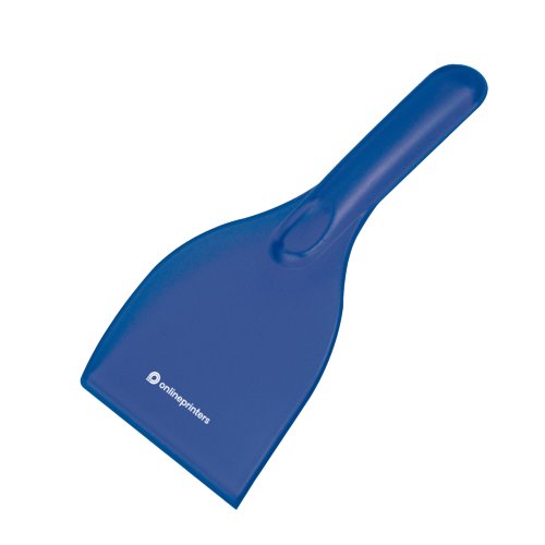 Raschietto per ghiaccio blu in plastica con manico.