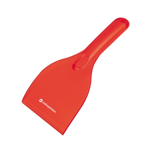 Raschietto per ghiaccio in plastica rossa con manico.
