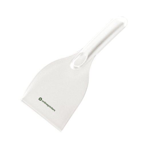 Raschietto per ghiaccio bianco in plastica con manico.