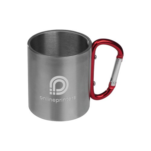 Tazza in metallo rossa con manico a moschettone.