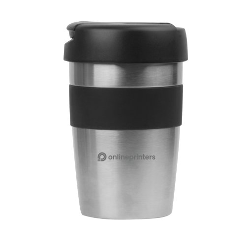 Tazza termica in acciaio inox color argento con coperchio nero e impugnatura.