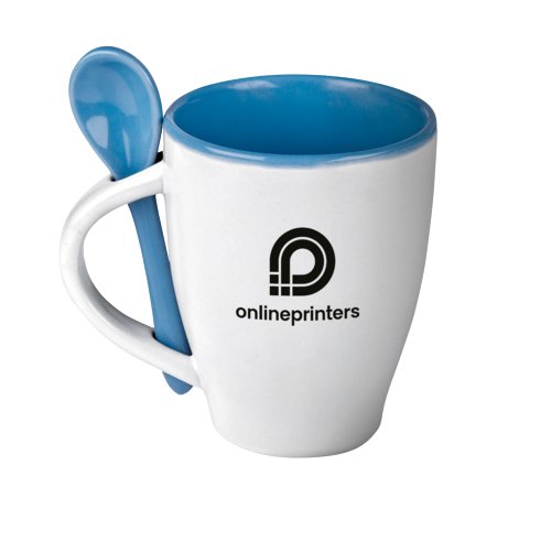 Tazza da caff in ceramica blu con cucchiaio.