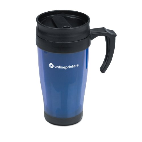 Tazza in plastica blu con coperchio e manico.