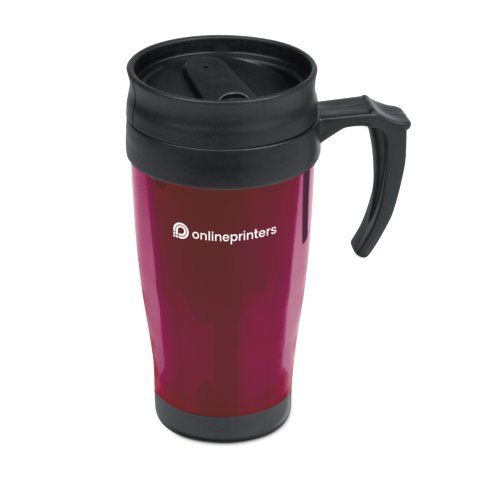 Tazza rossa in plastica con coperchio e manico.
