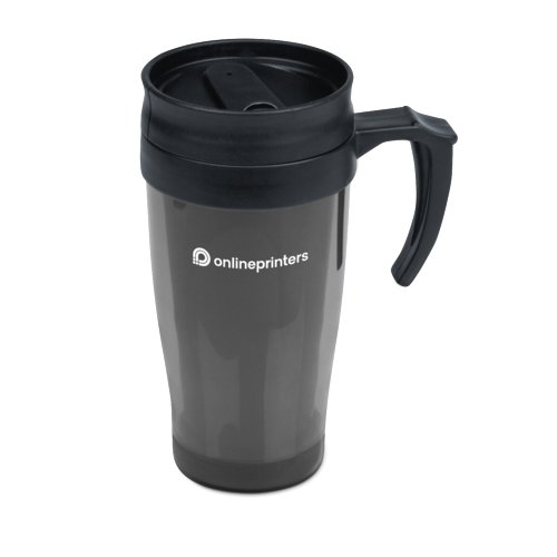 Tazza da viaggio in plastica grigia con manico e coperchio.