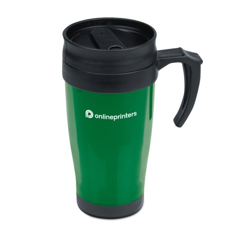 Tazza in plastica verde con coperchio e manico.