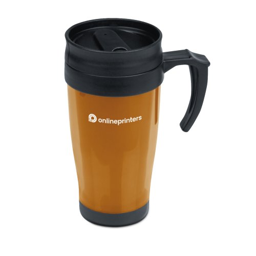 Tazza in plastica arancione con coperchio e manico.