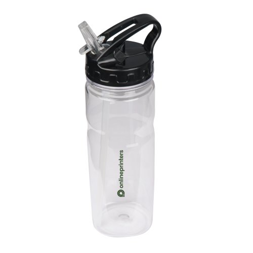Borraccia in plastica trasparente con cannuccia e coperchio nero.
