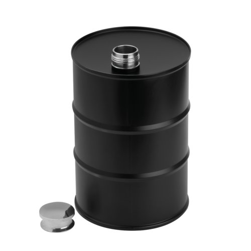 Fiaschetta nera in acciaio inox a forma di barile con tappo a vite.
