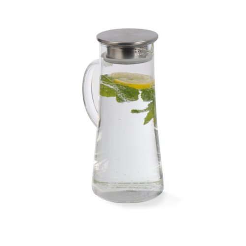 Caraffa in vetro trasparente con coperchio.