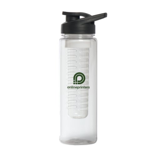 Borraccia trasparente in plastica con coperchio nero e infusore per frutta.