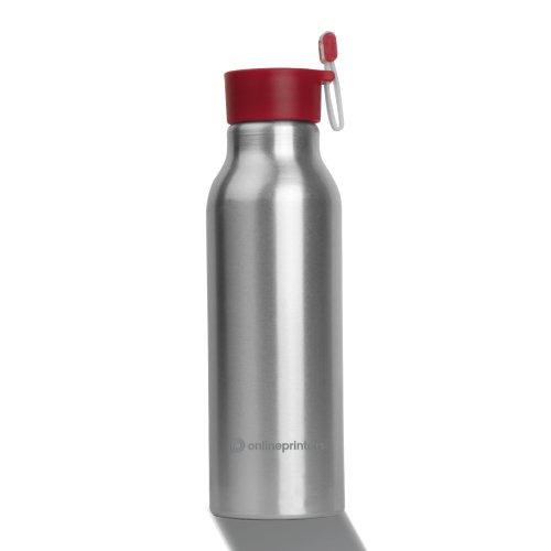 Bottiglia d'acqua in alluminio rossa con tappo a vite e cinturino di fissaggio.