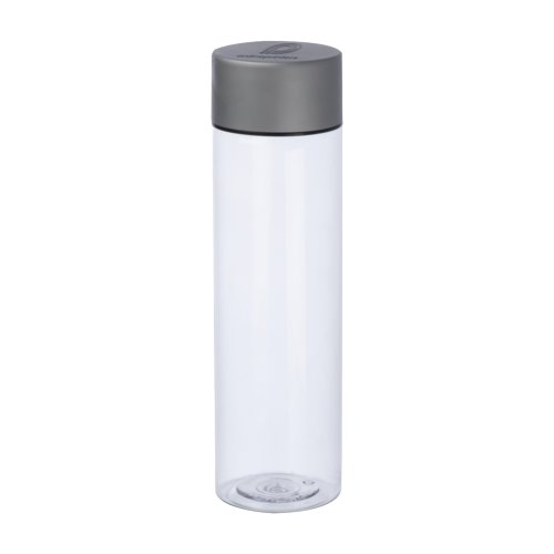 Bottiglia d'acqua trasparente in Tritan con coperchio grigio.