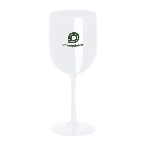 Calice da vino bianco in plastica con stelo e base.