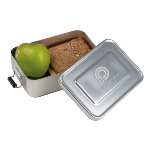 Portapranzo in alluminio grigio con coperchio e chiusura.