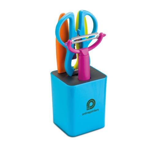Set da cucina multicolore con coltelli, forbici, pelapatate e contenitore.