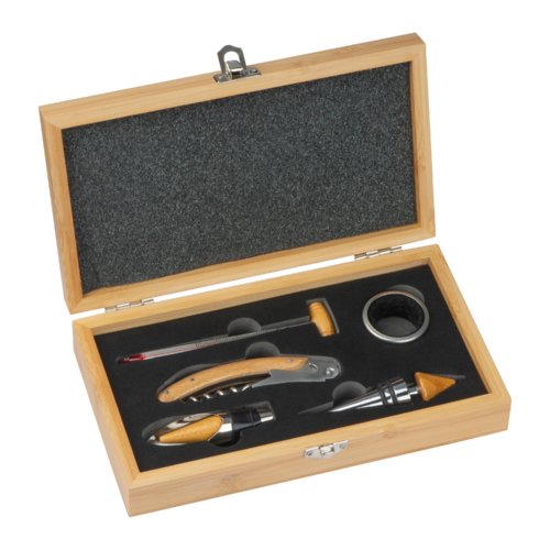 Set da vino marrone con accessori in scatola di legno.