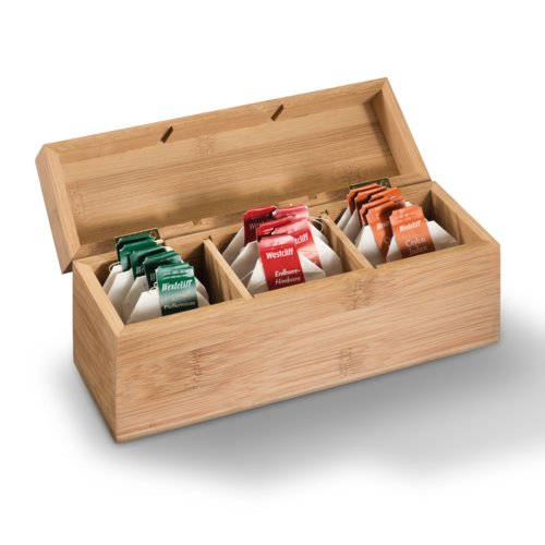 Scatola da t in legno con coperchio e scomparti.