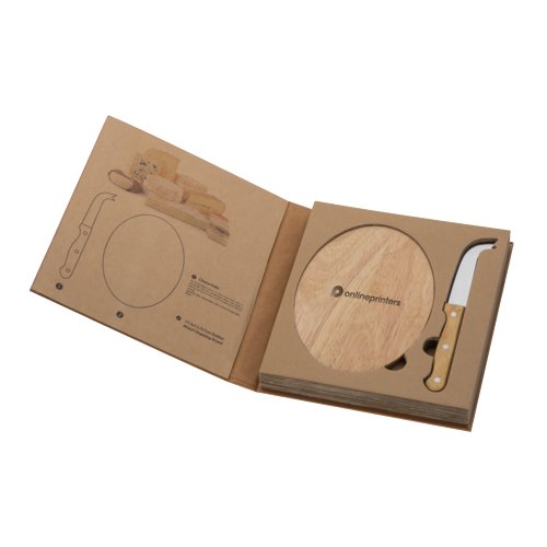 Tagliere per formaggi in legno con coltello e forma rotonda.
