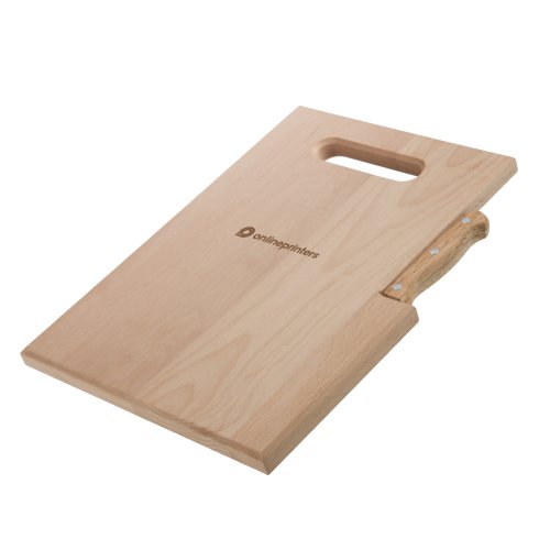 Tavola in legno chiaro con coltello e manico.