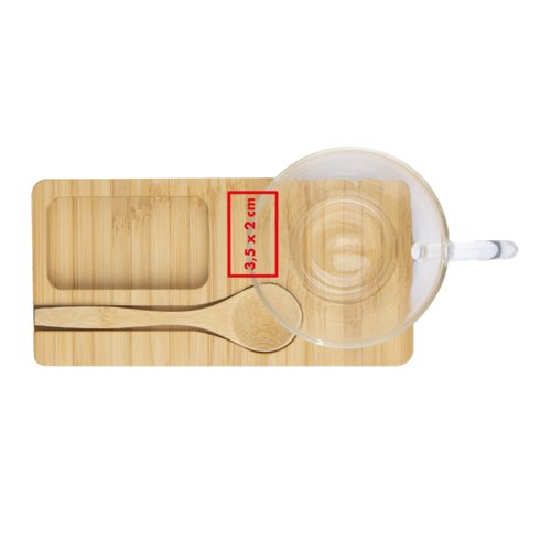 Tavola da portata in legno con incavi per tazza e cucchiaio.