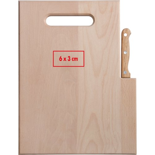 Tagliere in legno con coltello e impugnatura incassata.