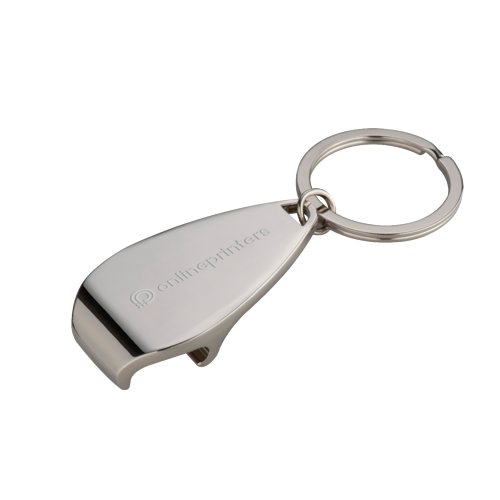 Apribottiglie in metallo argentato con portachiavi.
