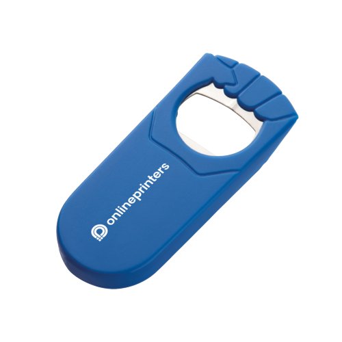Apribottiglie in plastica blu con inserto in metallo.