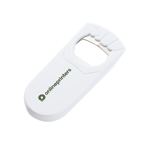 Apribottiglie bianco in plastica con inserto in metallo.