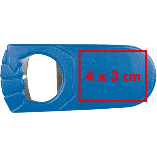 Apribottiglie blu in plastica con inserto in metallo.