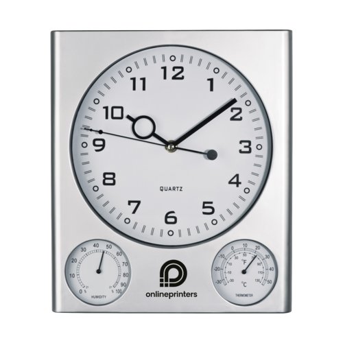 Orologio da parete argentato in plastica con display analogico e termometro/igrometro.