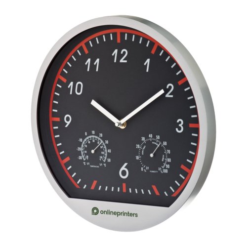 Orologio da parete con termometro e igrometro integrati.