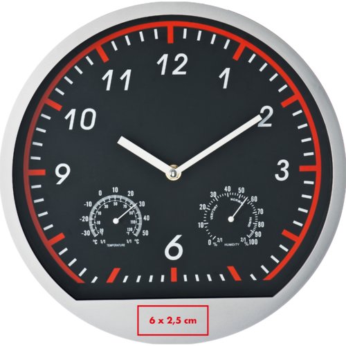 Orologio da parete argentato con indicatore di temperatura e umidit.