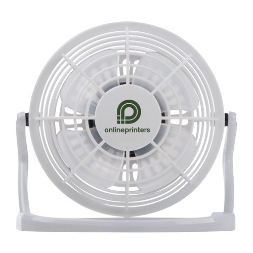 Ventilatore da tavolo bianco in plastica con griglia di protezione.