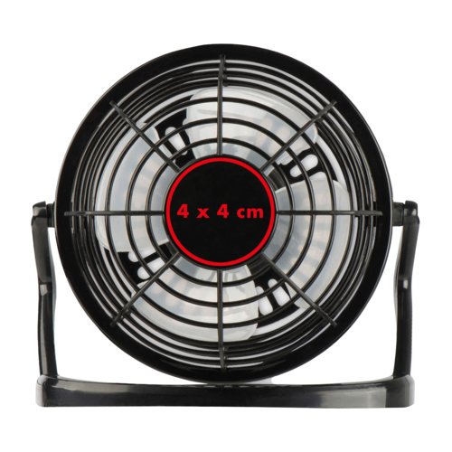 Ventilatore da tavolo nero con angolo di inclinazione regolabile.