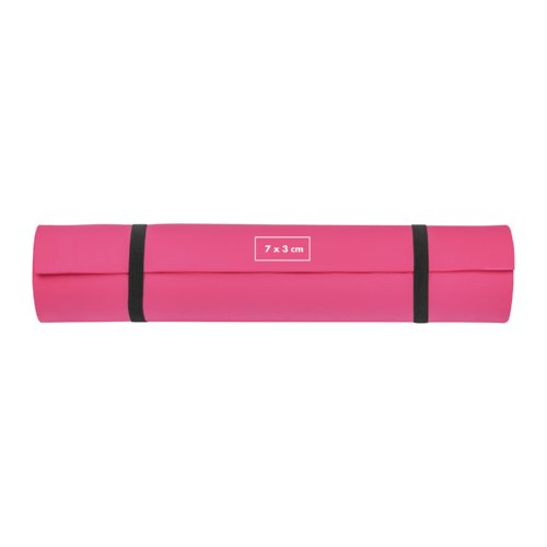 Tappetino da yoga rosa in schiuma con cinghie di fissaggio.