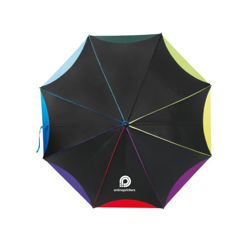 Ombrello automatico multicolore con fodera e manico.